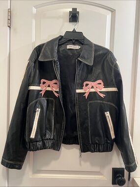 Black Faux Leather Bomber Jacket with Pink Bow Accents